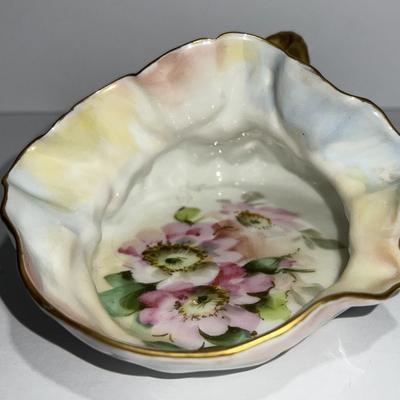 Vintage T & V Limoges France Hand Painted Porcelain Flower Bag 5" Long w/Handle as Pictured.