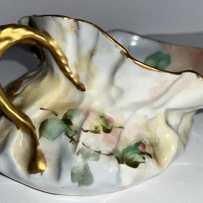 Vintage T & V Limoges France Hand Painted Porcelain Flower Bag 5" Long w/Handle as Pictured.