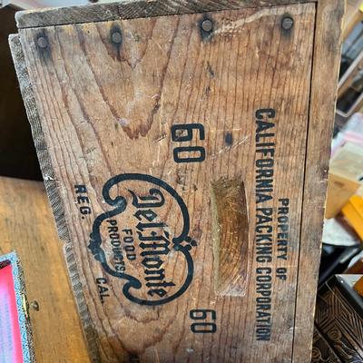 Del Monte fruit crate, Dorthey Box, Vintage Whiskey Bottle