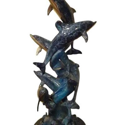 LOT 99: LARGE PATINATED BRONZE DOLPHIN SCULPTURE, POD OF DOLPHINS