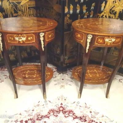LOT 65A: PAIR LOUIS XV STYLE MARQUETRY TABLES, INLAID OVAL TOPS