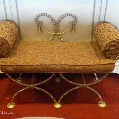 LOT 108B: HOLLYWOOD REGENCY STYLE METAL BENCH, ROPE AND TASSEL DESIGN