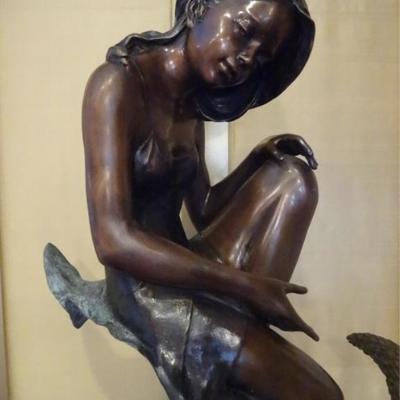 LOT 97: HUGE BRONZE SCULPTURE, GIRL SEATED ON LEAF, NEW, IN EXCELLENT CONDITION