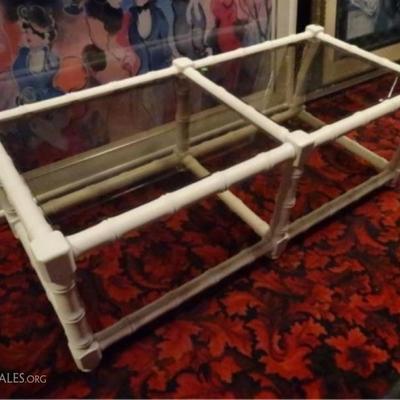 LOT 22A. MID CENTURY FAUX BAMBOO COFFEE TABLE, SMOKE GLASS TOPS