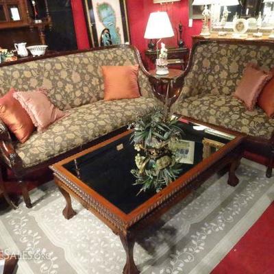 LOT 74: 2 PC FRENCH EMPIRE STYLE SOFA AND LOVESEAT, CARVED RAM'S HEAD ARMS