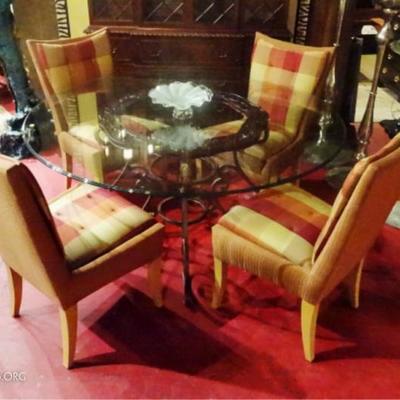 LOT 90: METAL AND GLASS DINING SET, 4 MODERN CHAIRS
