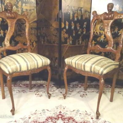LOT 114: PAIR ORNATE WOOD CHAIRS, CARVED FEMALE BUSTS ON SEAT BACKS
