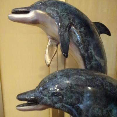 LOT 95A: HUGE PATINATED BRONZE DOLPHIN SCULPTURE, 2 LEAPING DOLPHINS