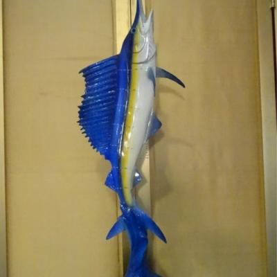 LOT 184: LARGE PATINATED BRONZE SAILFISH SCULPTURE ON MARBLE BASE, NEW