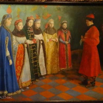 LOT 72: LARGE RUSSIAN OIL PAINTING ON BOARD, FIGURAL SCENE
