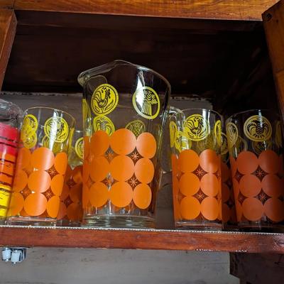 MCM Painted Orange Polka-Dot Glass Pitcher & Tumblers