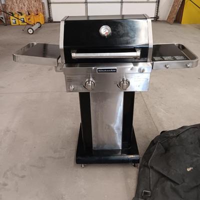 Nice small Propane Kitchen Aid Barbeque Grill with propane tank, Cover and rotisserie