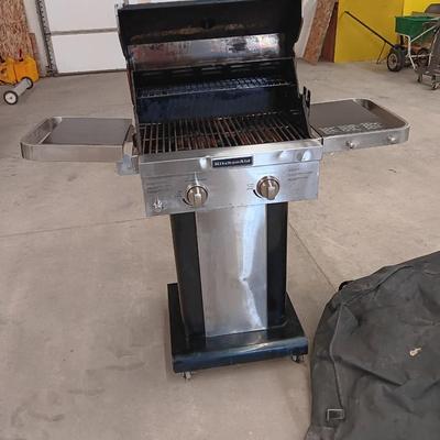 Nice small Propane Kitchen Aid Barbeque Grill with propane tank, Cover and rotisserie