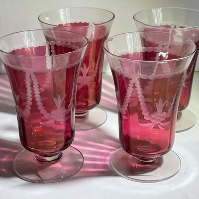4-Vintage/Antique Ruby Etched Glass Pedestal Glasses 4" Tall in VG Preowned Condition as Pic'd.