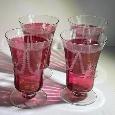4-Vintage/Antique Ruby Etched Glass Pedestal Glasses 4" Tall in VG Preowned Condition as Pic'd.