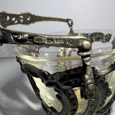 Antique .800 Silver Mini Cheese Basket w/Glass Bowl 3.5" x 4.5" in VG Preowned Condition.
