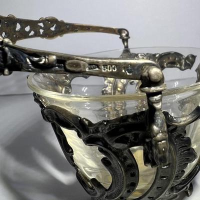 Antique .800 Silver Mini Cheese Basket w/Glass Bowl 3.5" x 4.5" in VG Preowned Condition.