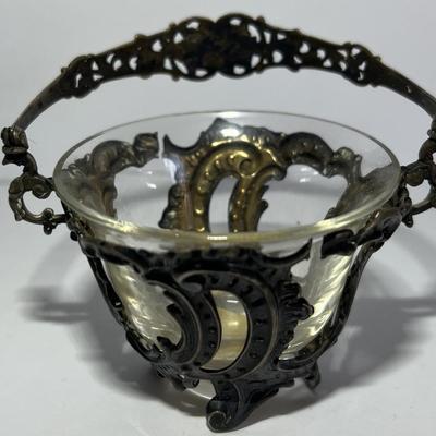 Antique .800 Silver Mini Cheese Basket w/Glass Bowl 3.5" x 4.5" in VG Preowned Condition.