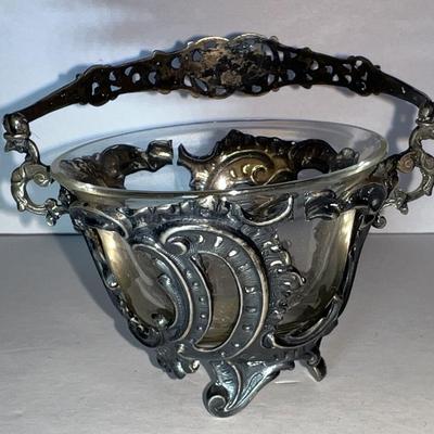 Antique .800 Silver Mini Cheese Basket w/Glass Bowl 3.5" x 4.5" in VG Preowned Condition.