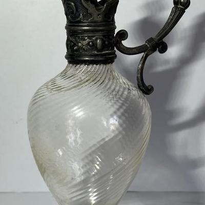 Antique Silver-Plated Swirl Glass Oil/Vinegar Pourer w/Stopper 8" Tall in VG Preowned Condition.