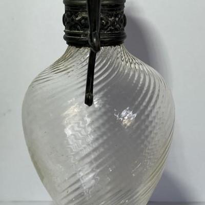 Antique Silver-Plated Swirl Glass Oil/Vinegar Pourer w/Stopper 8" Tall in VG Preowned Condition.