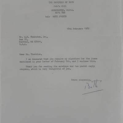 Marquess of Bath signed letter
