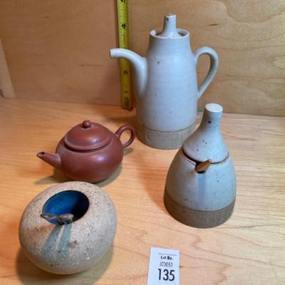 Tiny coffee pot, teapot and 2 salt pots with spoons
