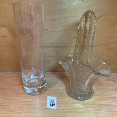 Etched glass bud vase and basket