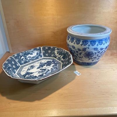 Asian blue and white ceramic pot and serving dish