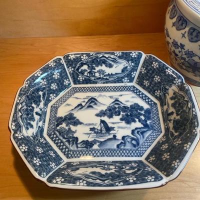 Asian blue and white ceramic pot and serving dish