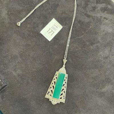 Sterling marcasite pendant with green stone (possibly jade)