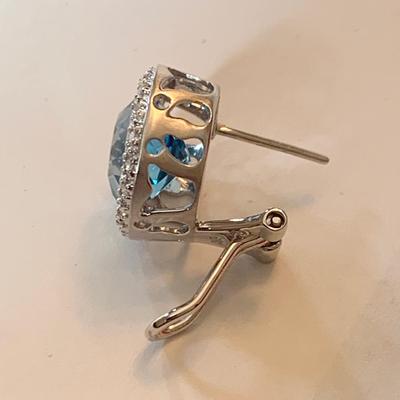 14k White Gold w Blue Topaz Earrings French Clip Backs