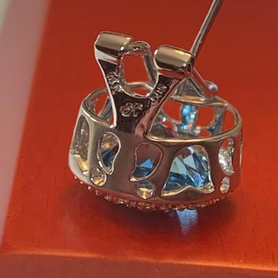 14k White Gold w Blue Topaz Earrings French Clip Backs