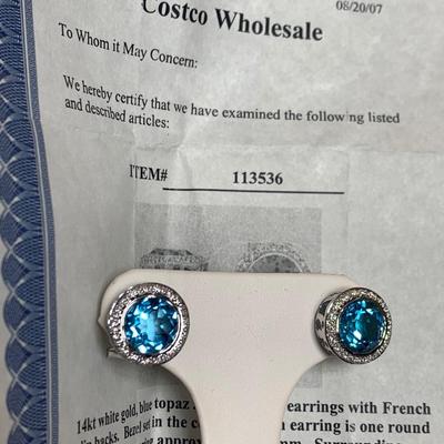 14k White Gold w Blue Topaz Earrings French Clip Backs