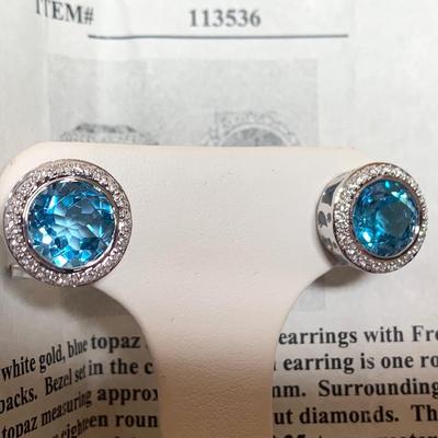 14k White Gold w Blue Topaz Earrings French Clip Backs