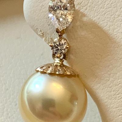 14k Yellow Gold Cultured Golden Pearl & Diamond Earrings In Box