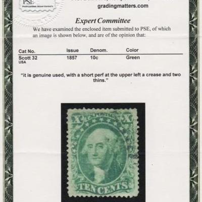 US Stamp- Scott #32 - 1857 10c Washington - Green color - PSE Certificate