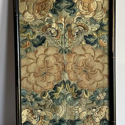 Antique Scarce Japanese FORBIDDEN STITCH Framed Kimono Cuffs Framed 8" x 15" in Good Preowned Condition.