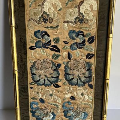Antique Scarce Japanese FORBIDDEN STITCH Framed Kimono Cuffs Framed 9.5" x 20" in Good Preowned Condition.