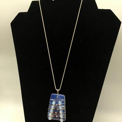 Large Opalite Stone 925 Wire Wrapped Necklace - Sterling Silver Chain