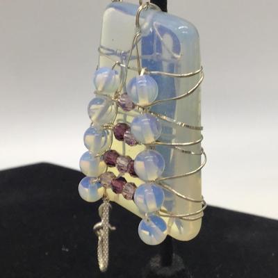 Large Opalite Stone 925 Wire Wrapped Necklace - Sterling Silver Chain