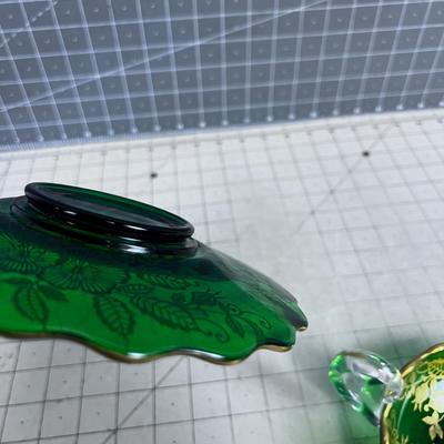 (2) Forest Green Glass Dish with a Handle and Gold Applique