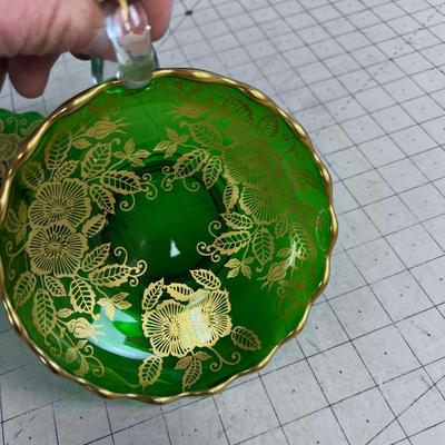 (2) Forest Green Glass Dish with a Handle and Gold Applique