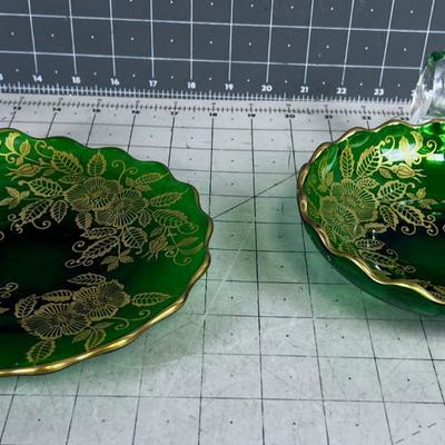 (2) Forest Green Glass Dish with a Handle and Gold Applique