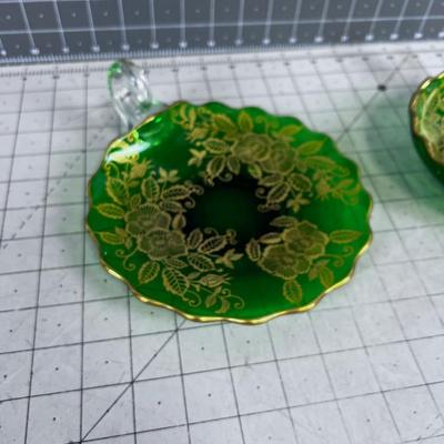 (2) Forest Green Glass Dish with a Handle and Gold Applique