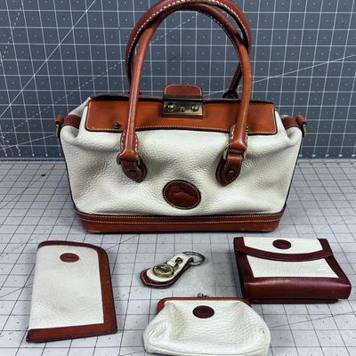 VINTAGE Original Dooney & Bourke, Bone With Tan Edge + Coin Purse, Key Chain, Wallet and Glass Case. WOW!!! 