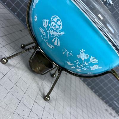AWESOME! Blue 1957 Embroidery PYREX With Cradle. OLD! 