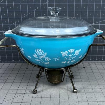 AWESOME! Blue 1957 Embroidery PYREX With Cradle. OLD! 