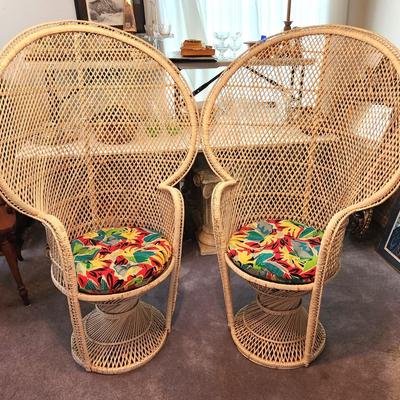Lot #84 Pair of large vintage Peacock Chairs with cushions - 1970's