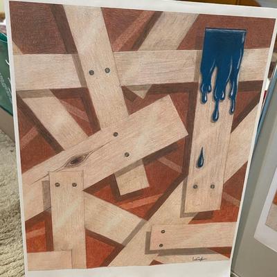 H5-Foam Board and framed abstract Blue wood drip